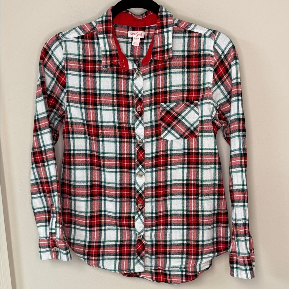 Cat & Jack: Girls Red/White/Green/Gold Plaid Flannel, Size XL(14/16)